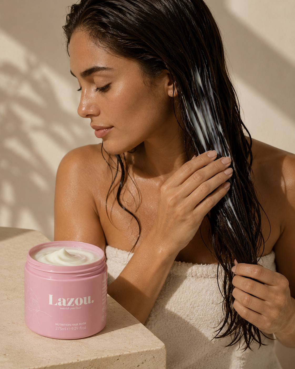 Woman with wet hair holding a pink jar of Lazou product.