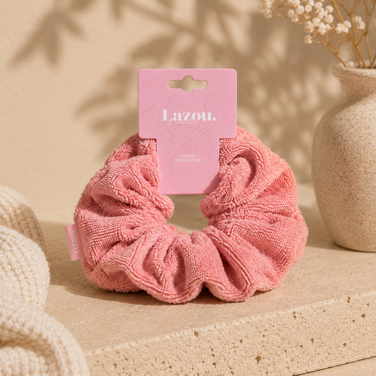 Lazou microfibre towel scrunchie in dark pink for gentle wet hair drying and reduced breakage.