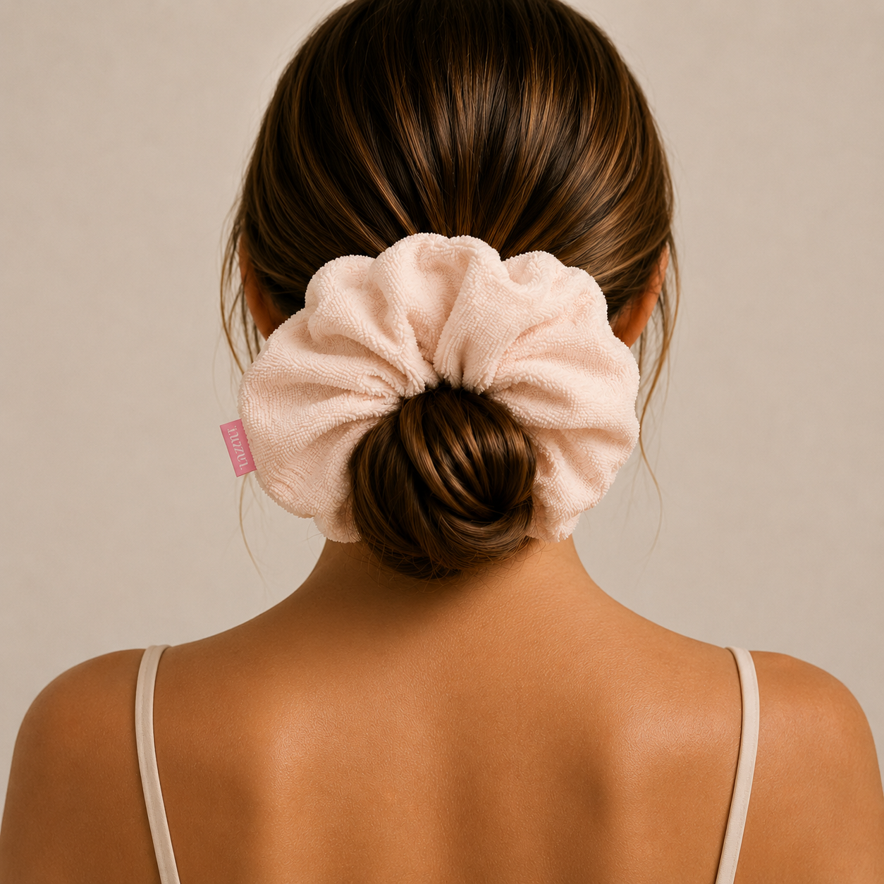 lazou towel scrunchie in models hair 