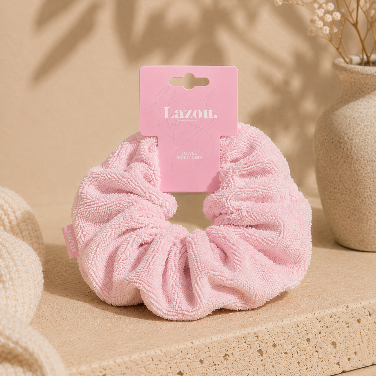 Lazou microfibre towel scrunchie in light pink for gentle wet hair drying and reduced breakage.