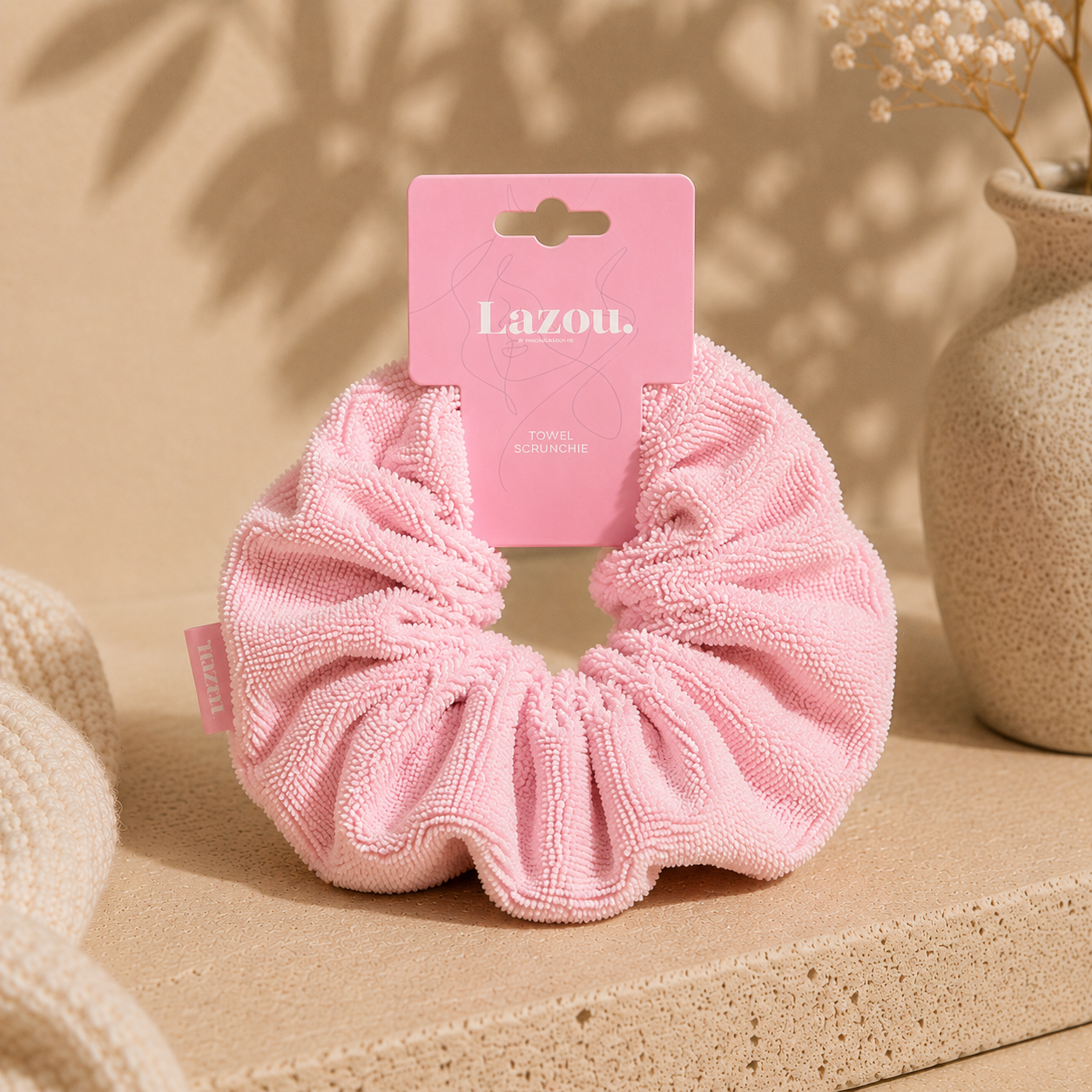 Lazou microfibre towel scrunchie in soft pink for gentle wet hair drying and reduced breakage.
